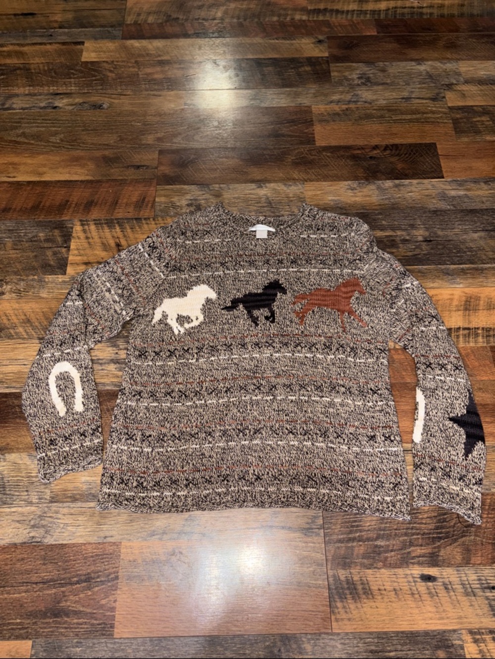 Christopher & Banks Brown Marled Horse Intarsia Crewneck Sweater